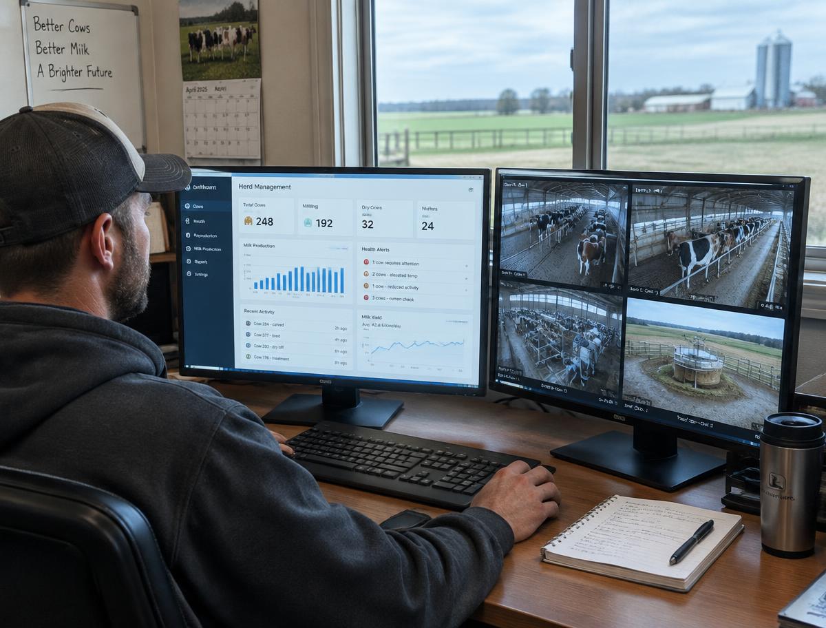 Farmer viewing herd software and camera feeds